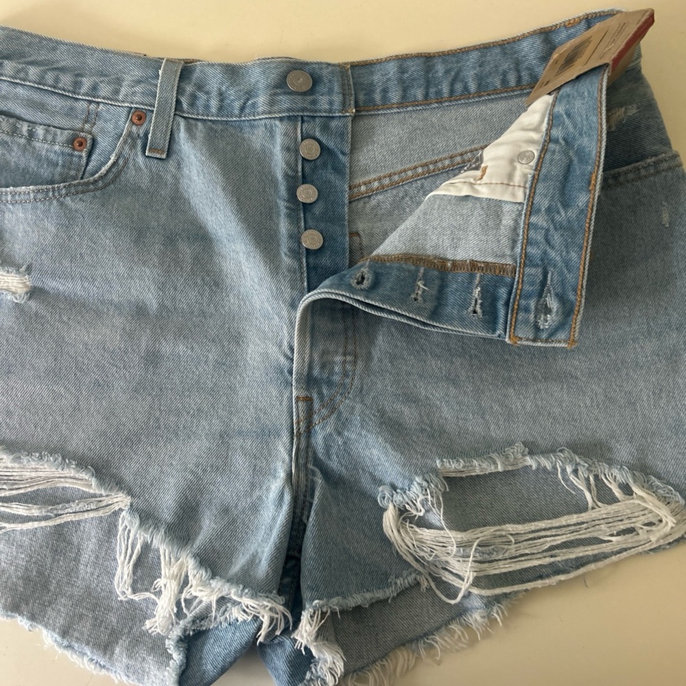 Levi's Light Blue Distressed Denim Cutoff Shorts - Women Size 34 - Picture 7 of 16